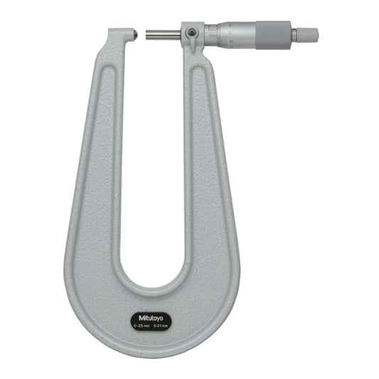 Mitutoyo 118-114 Sheet Metal Micrometer, Range 0-25mm, Graduation 0.01mm, Throat Depth 150mm, Anvil Spherical, Spindle Flat