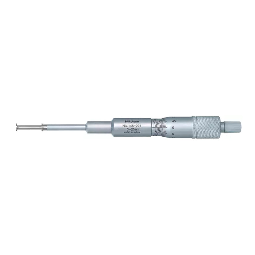 Mitutoyo 146-221 Non-Rotating Spindle Groove Micrometer, Range Outside 0-25mm, Range Inside 1.6-26.5mm, Graduation 0.01mm, Flange Dia 6.35mm
