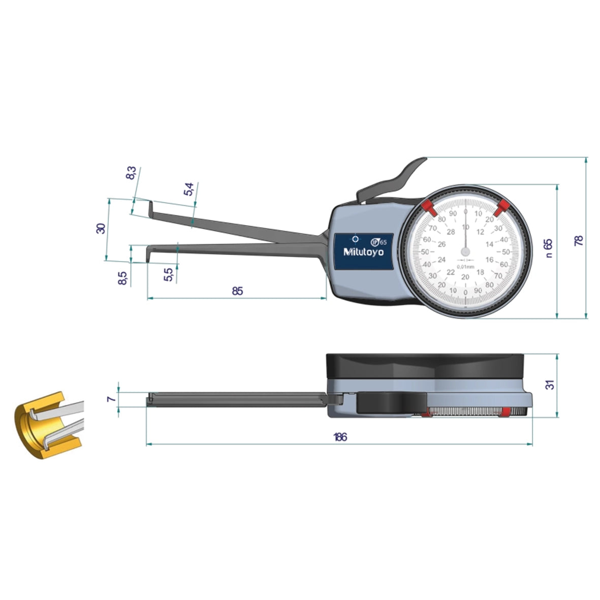 Mitutoyo 209-302 Inside Dial Caliper Gauge, Range 10-30mm, Graduation 0.01mm