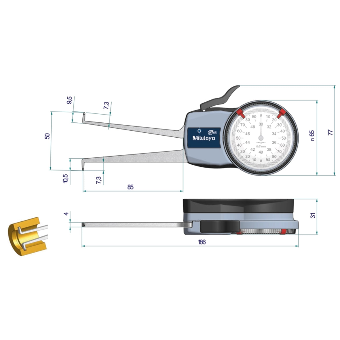 Mitutoyo 209-304 Inside Dial Caliper Gauge, Range 30-50mm, Graduation 0.01mm