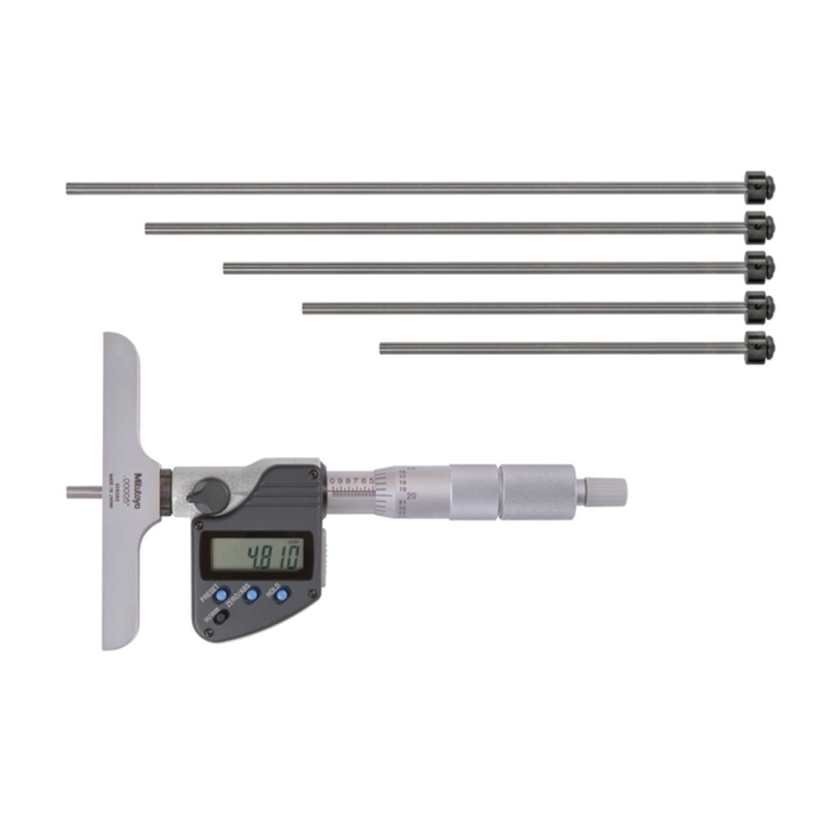 Mitutoyo 329-350-30 Digimatic Digital Interchangeable Rod Depth Micrometer, Range 0-6" / 0-150mm Resolution 0.00005" / 0.001mm Base 4 x 0.63" with SPC Data Output