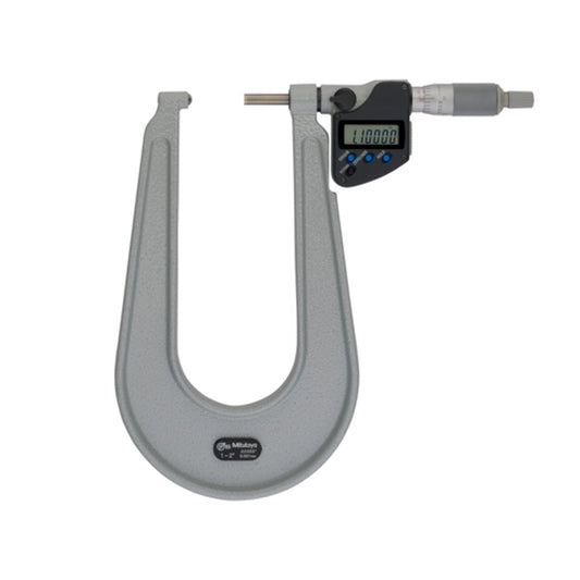 Mitutoyo 389-362-30 Digimatic Digital Sheet Metal Micrometer, Range 1-2" /  25.4-50.8mm, Resolution 0.00005" / 0.001mm, Throat Depth 150mm, Anvil Spherical, Spindle Flat, IP65 with SPC Data Output