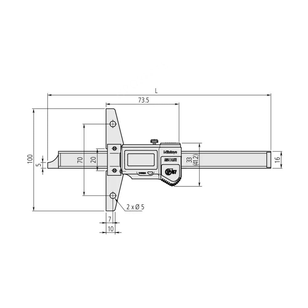 Mitutoyo 571-262-20 Absolute Digimatic Digital Coolant Proof Depth Gauge, Range 0-200mm / 0-8", Resolution 0.01mm / 0.0005", Base 100 x 6mm, IP67 with SPC Data Output