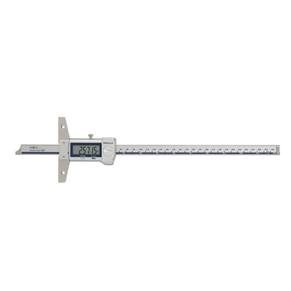 Mitutoyo 571-263-20 Absolute Digimatic Digital Coolant Proof Depth Gauge, Range 0-300mm / 0-12", Resolution 0.01mm / 0.0005", Base 100 x 6.3mm, IP67 with SPC Data Output