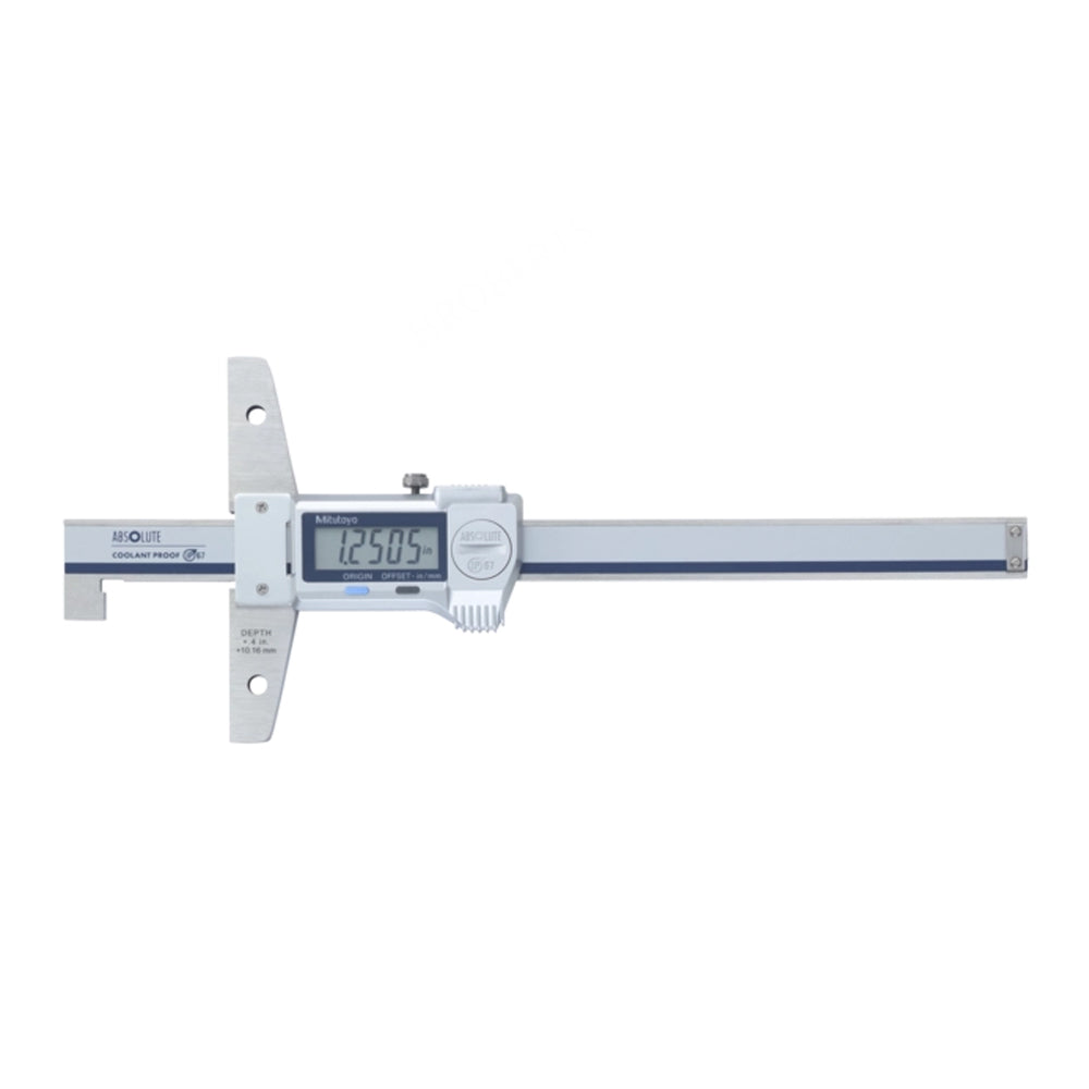 Mitutoyo 571-264-20 Absolute Digimatic Digital Coolant Proof Hook End Depth Gauge, Range 10-160mm / 0.4-6.4" Depth Reading, 0-150mm / 0-6" Hook Reading, Resolution 0.01mm / 0.0005", Base 100 x 6.3mm, IP67 with SPC Data Output