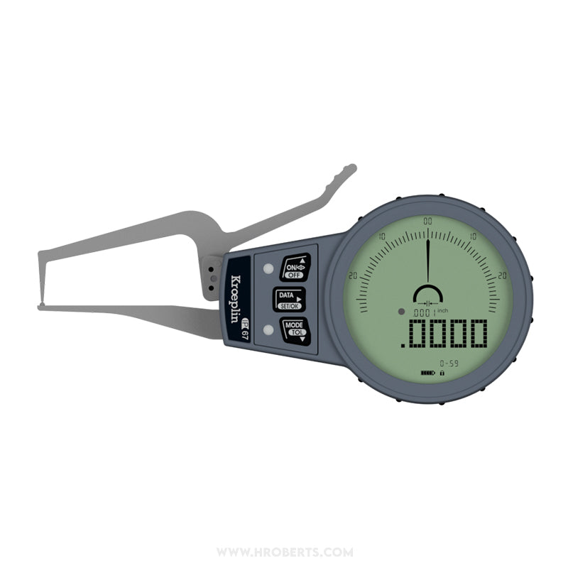 Kroeplin C0R15S Digital External Caliper Gauge, Range 0-15mm, Resolution 0.001, 0.002, 0.005, 0.01mm, Measuring Depth 45mm, Measuring Contact Chisel R 0.4mm, Ball 1.5mm Diameter, IP67 Protection, Metric / Imperial Switchable