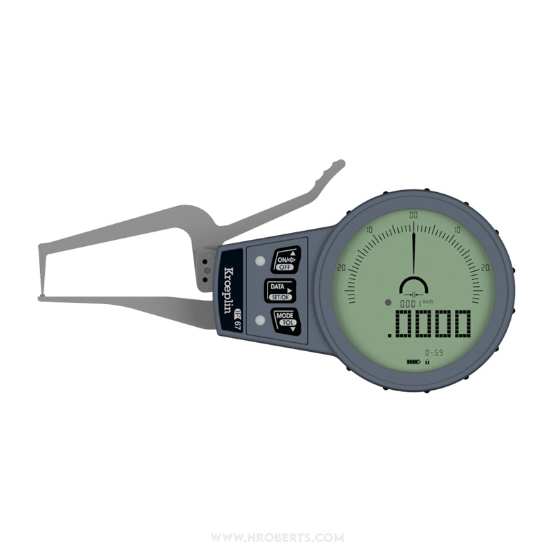 Kroeplin C0R15 Digital External Caliper Gauge, Range 0-15mm, Resolution 0.001, 0.002, 0.005, 0.01mm, Measuring Depth 45mm, Measuring Contact Ball 1.5mm Diameter, IP67 Protection, Metric / Imperial Switchable