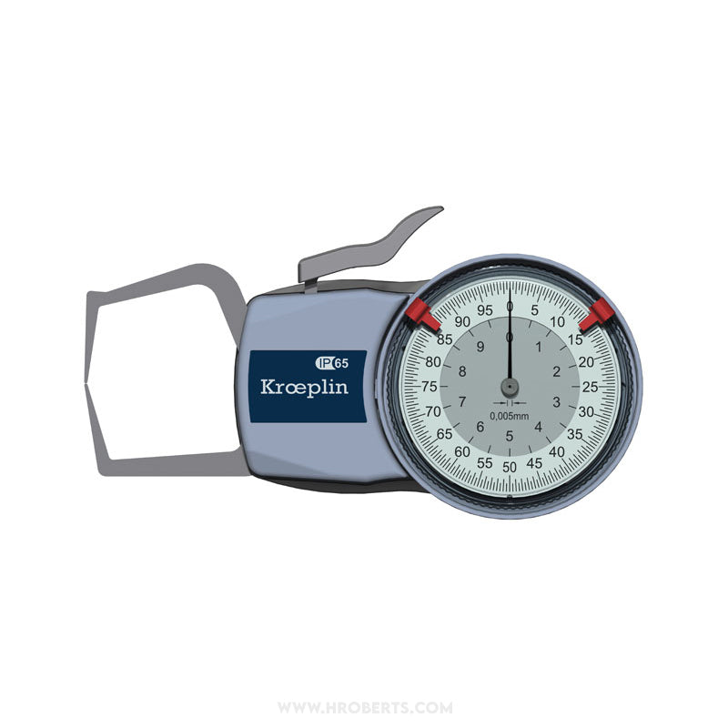Kroeplin D110S External Dial Caliper Gauge, Range 0-10mm, Graduation 0.005mm, Measuring Depth 35mm, Measuring Contact Chisel R 0.4mm, IP65 Protection