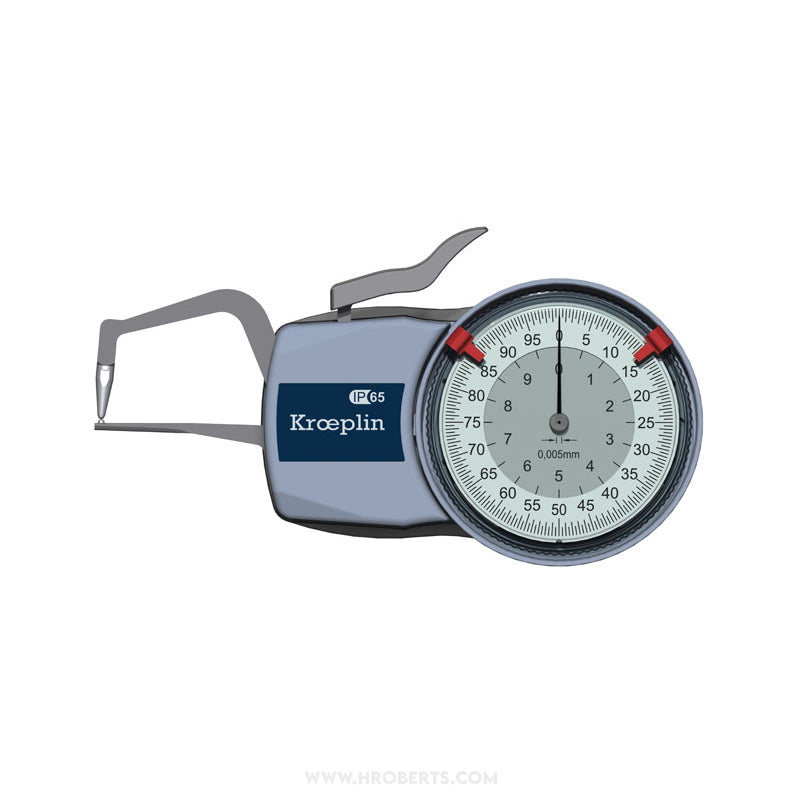 Kroeplin D1R10 External Dial Caliper Gauge, Range 0-10mm, Graduation 0.005mm, Measuring Depth 35mm, Measuring Contact Ball 1.5mm Diameter, IP65 Protection