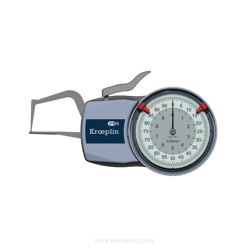 Kroeplin D1R10S External Dial Caliper Gauge, Range 0-15mm, Graduation 0.005mm, Measuring Depth 35mm, Measuring Contact Chisel R 0.4mm, Ball 1.5mm Diameter, IP65 Protection