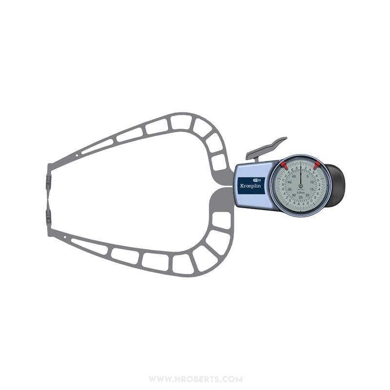 Kroeplin D450S External Dial Caliper Gauge, Range 0-50mm, Graduation 0.05mm, Measuring Depth 167mm, Measuring Contact Chisel R 0.75mmr, IP65 Protection