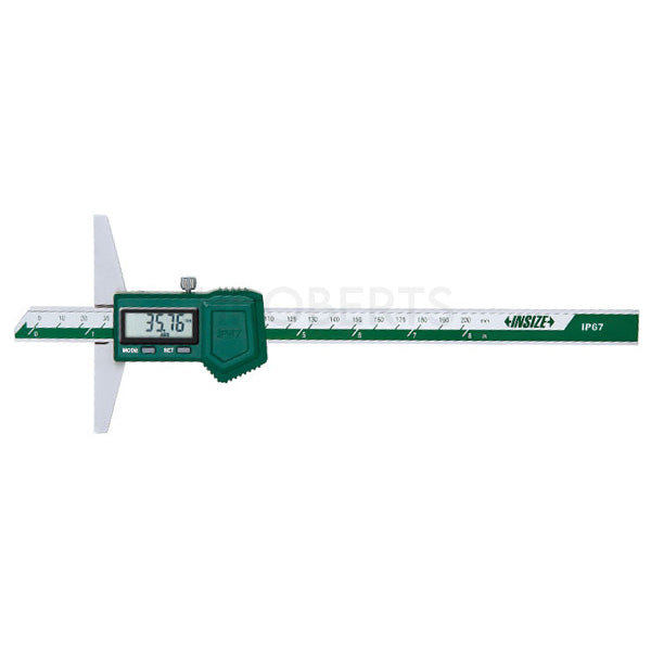 Insize 1149-200 Digital Vernier Depth Gauge, IP67, Range 0-200mm / 0-8", Resolution 0.01mm / 0.0005", Base 100 x 6mm