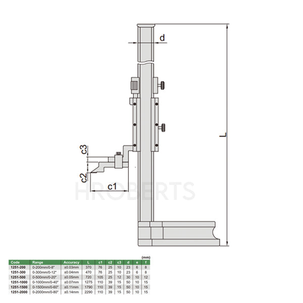 Insize 1251-1500 Vernier Height Gauge, Range 0-1500mm / 0-60", Graduation 0.02mm / 0.001"