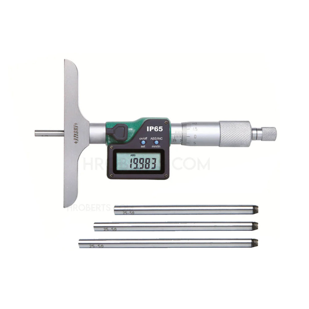 Insize 3540-100 Digital Interchangeable Rod Depth Micrometer, IP65, Range 0-4" / 0-100mm, Resolution 0.00005" / 0.001mm, Base 101.5 x 17" with Data Output