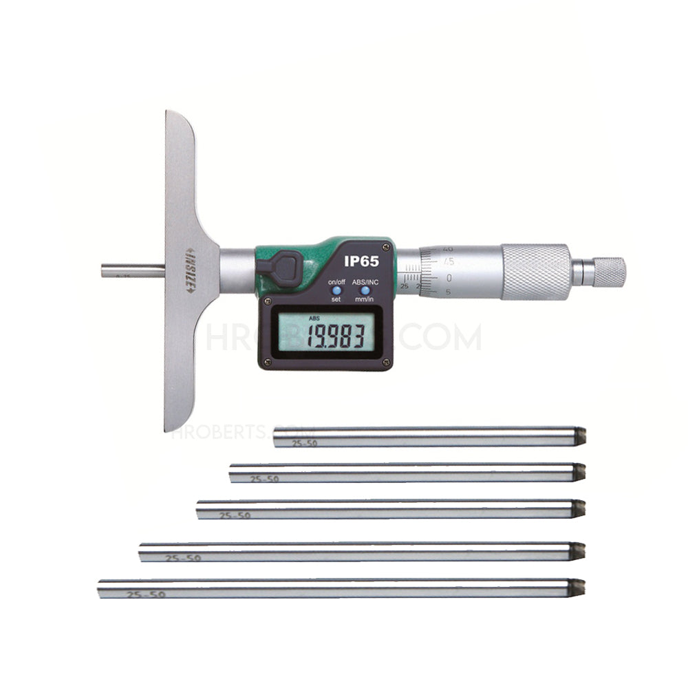 Insize 3540-150 Digital Interchangeable Rod Depth Micrometer, IP65, Range 0-6" / 0-150mm, Resolution 0.00005" / 0.001mm, Base 101.5 x 17" with Data Output