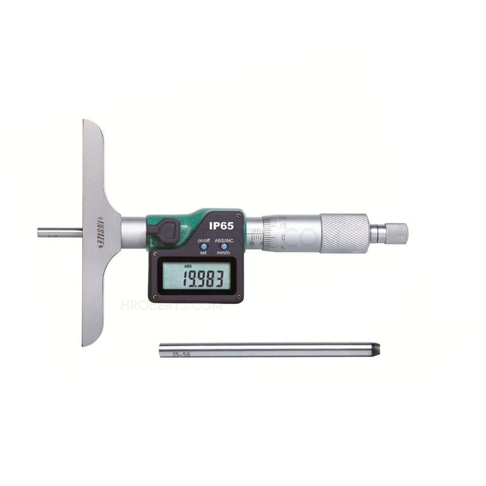 Insize 3540-50 Digital Interchangeable Rod Depth Micrometer, IP65, Range 0-2" / 0-50mm, Resolution 0.00005" / 0.001mm, Base 101.5 x 17" with Data Output