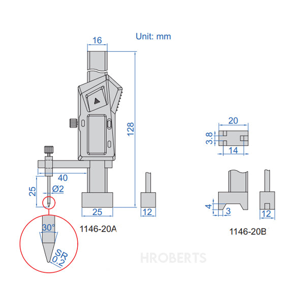 Insize 1146-20A Mini Digital Height Gauge, Range 0-20mm / 0-0.8" Minature Digital Height Gauge (A)