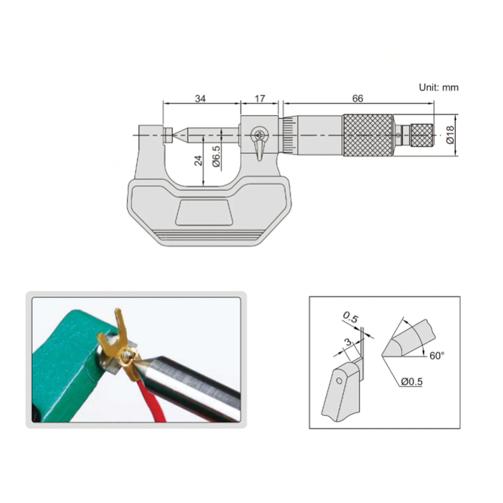 Insize 3266-25BA Crimp Height Micrometer, Range 0-25mm, Graduation 0.01mm