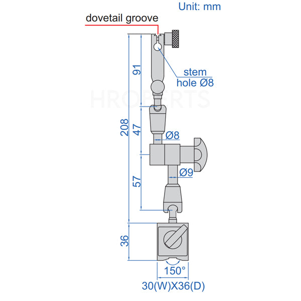 Insize 6224-40 Mini Magnetic Stand - 208mm Arm Length