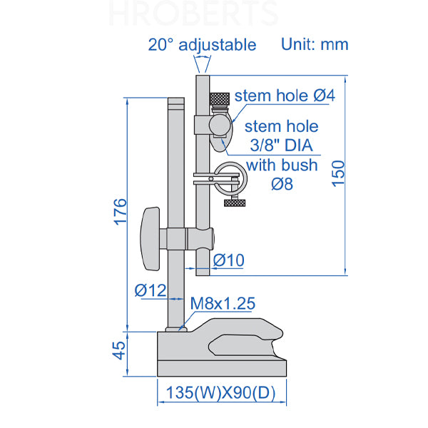 Insize 6226-60 Dial Indicator Stand, Non-Magnetic, 8mm Holding Stem with Fine Adjustment