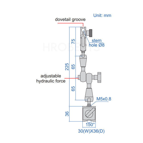 Insize 6228-40 Mini Hydrulic Magnetic Stand with Adjustable Locking Force- 225mm Arm Length