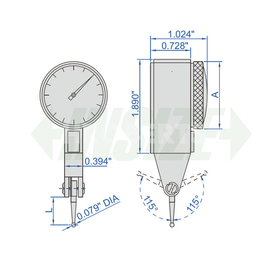 Insize 2380-301 Lever Dial Indicator Horizontal Type, Graduation 0.0001", Range 0.008", Scale 0-40-0, Stylus Length 0.563", Bezel Diameter 1.181"