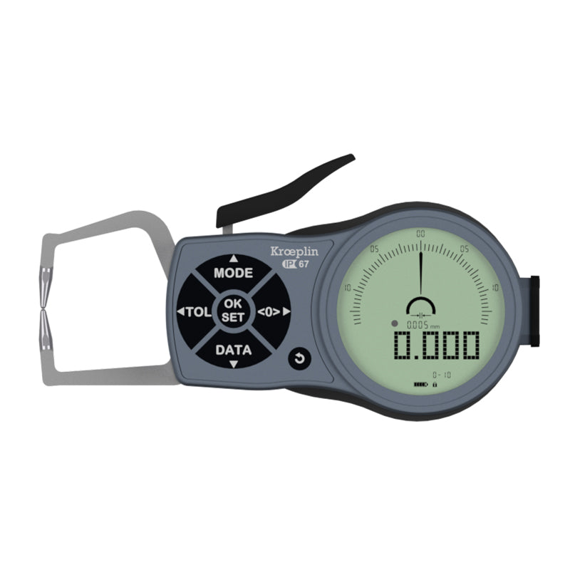 Kroeplin K110 Digital External Caliper Gauge, Range 0-10mm, Resolution 0.001, 0.002, 0.005, 0.01, 0.02, 0.05mm, Measuring Depth 35mm, Measuring Contact Ball 1.5mm Diameter, IP67 Protection, Metric / Imperial Switchable