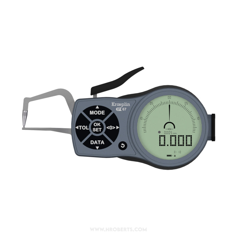 Kroeplin K1R10 Digital External Caliper Gauge, Range 0-10mm, Resolution 0.001, 0.002, 0.005, 0.01, 0.02, 0.05mm, Measuring Depth 35mm, Measuring Contact Ball 1.5mm Diameter, IP67 Protection, Metric / Imperial Switchable