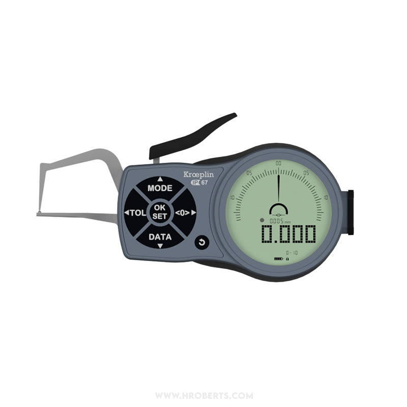 Kroeplin K1R10S Digital External Caliper Gauge, Range 0-15mm, Resolution 0.001, 0.002, 0.005, 0.01, 0.02, 0.05mm, Measuring Depth 35mm, Measuring Contact Chisel R 0.4mm, Ball 1.5mm Diameter, IP67 Protection, Metric / Imperial Switchable