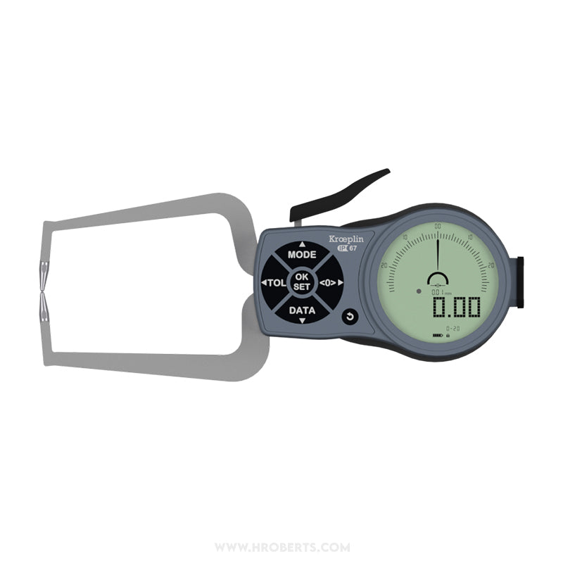 Kroeplin K220 Digital External Caliper Gauge, Range 0-20mm, Resolution 0.001, 0.002, 0.005, 0.01, 0.02, 0.05mm, Measuring Depth 85mm, Measuring Contact Ball 1.5mm Diameter, IP67 Protection, Metric / Imperial Switchable