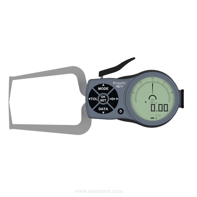 Kroeplin K220S Digital External Caliper Gauge, Range 0-20mm, Resolution 0.001, 0.002, 0.005, 0.01, 0.02, 0.05mm, Measuring Depth 85mm, Measuring Contact Chisel R 0.4mm, IP67 Protection, Metric / Imperial Switchable