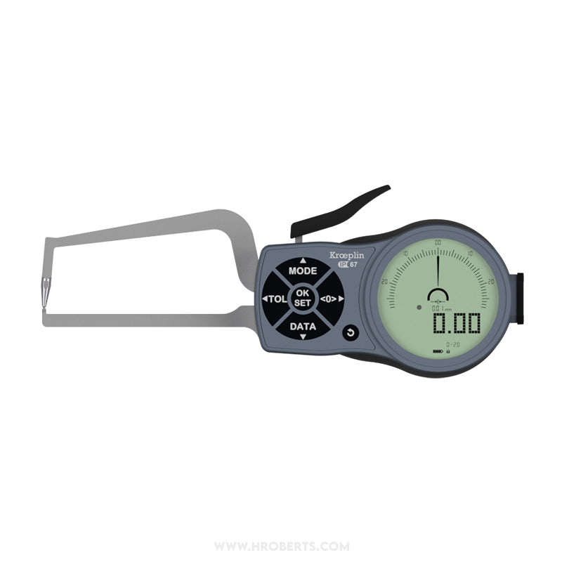 Kroeplin K2R20 Digital External Caliper Gauge, Range 0-20mm, Resolution 0.001, 0.002, 0.005, 0.01, 0.02, 0.05mm, Measuring Depth 80mm, Measuring Contact Ball 1.5mm Diameter, IP67 Protection, Metric / Imperial Switchable