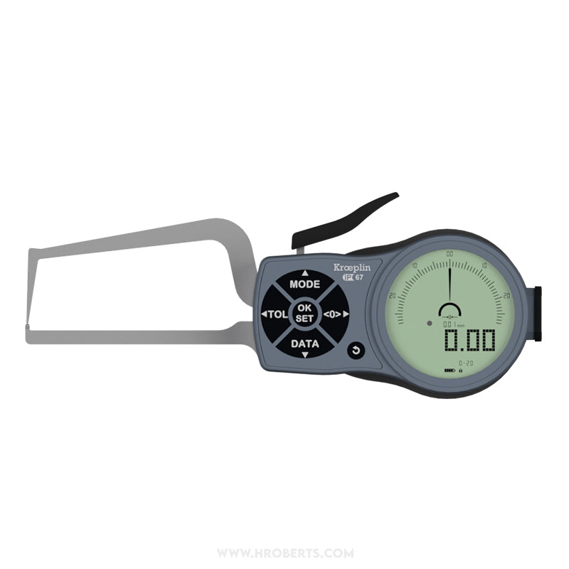 Kroeplin K2R20S Digital External Caliper Gauge, Range 0-20mm, Resolution 0.001, 0.002, 0.005, 0.01, 0.02, 0.05mm, Measuring Depth 80mm, Measuring Contact Chisel R 0.4mm, Ball 1.5mm Diameter, IP67 Protection, Metric / Imperial Switchable