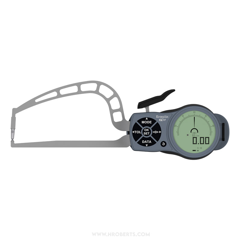 Kroeplin K3R30 Digital External Caliper Gauge, Range 0-30mm, Resolution 0.001, 0.002, 0.005, 0.01, 0.02, 0.05mm, Measuring Depth 116mm, Measuring Contact Ball 3mm Diameter, IP67 Protection, Metric / Imperial Switchable