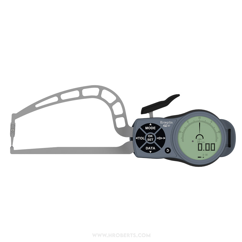 Kroeplin K3R30S Digital External Caliper Gauge, Range 0-30mm, Resolution 0.001, 0.002, 0.005, 0.01, 0.02, 0.05mm, Measuring Depth 116mm, Measuring Contact Chisel R 0.75mm, Ball 3mm Diameter, IP67 Protection, Metric / Imperial Switchable