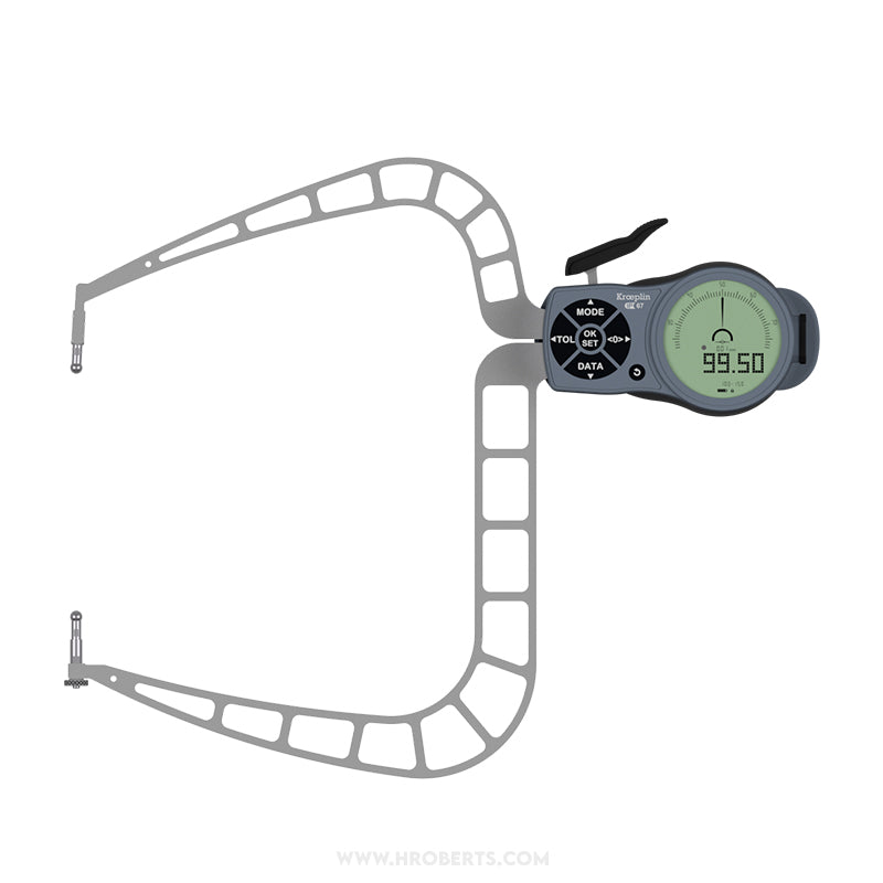 Kroeplin K4100 Digital External Caliper Gauge, Range 50-100mm, Resolution 0.001, 0.002, 0.005, 0.01, 0.02, 0.05mm, Measuring Depth 167mm, Measuring Contact Ball 5mm Diameter, IP67 Protection, Metric / Imperial Switchable