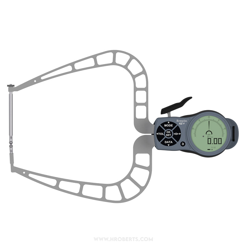 Kroeplin K450B Digital External Caliper Gauge, Range 0-50mm, Resolution 0.001, 0.002, 0.005, 0.01, 0.02, 0.05mm, Measuring Depth 167mm, Measuring Contact Ball 5mm Diameter, IP67 Protection, Metric / Imperial Switchable