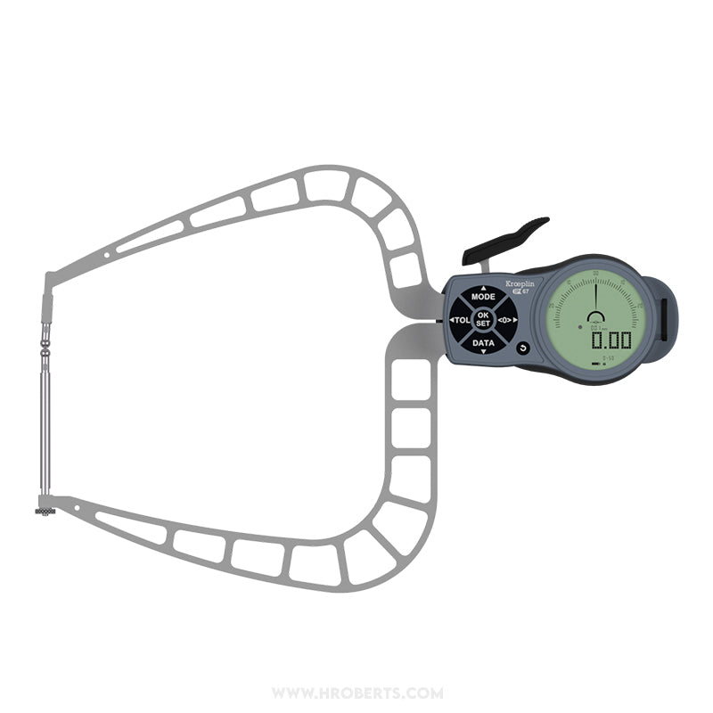 Kroeplin K450F Digital External Caliper Gauge, Range 0-50mm, Resolution 0.001, 0.002, 0.005, 0.01, 0.02, 0.05mm, Measuring Depth 167mm, Measuring Contact Ball 5mm Diameter, IP67 Protection, Metric / Imperial Switchable