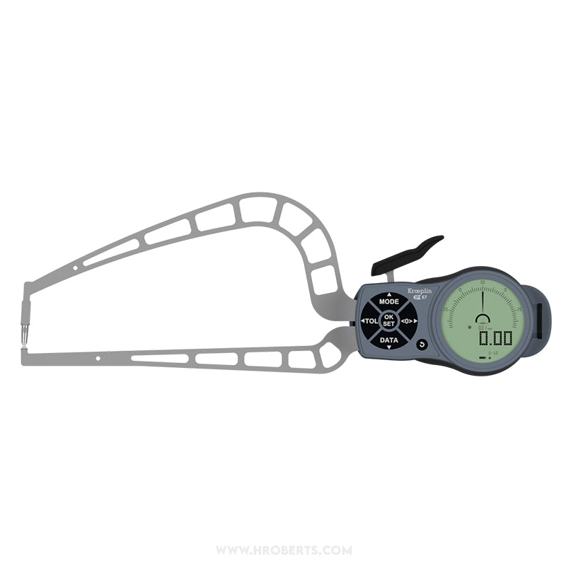 Kroeplin K4R50 Digital External Caliper Gauge, Range 0-50mm, Resolution 0.001, 0.002, 0.005, 0.01, 0.02, 0.05mm, Measuring Depth 169mm, Measuring Contact Ball 3mm Diameter, IP67 Protection, Metric / Imperial Switchable