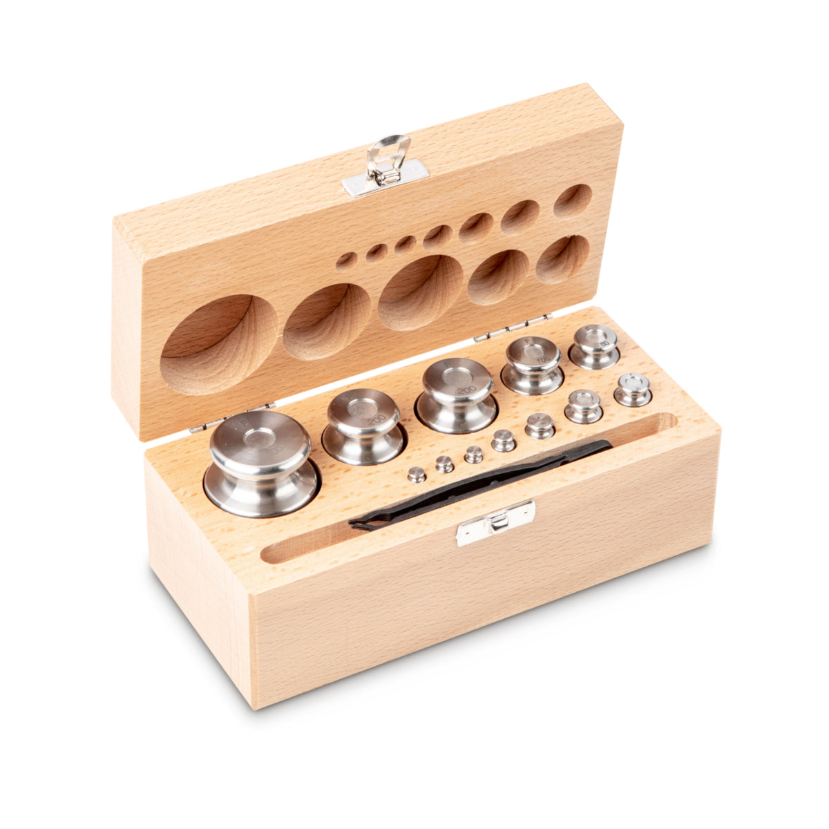 Kern 334-05 Weight set, F2, 1 g - 500 g, Knob, stainless steel fine turned, in wooden case