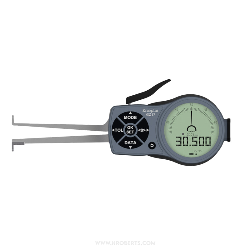 Kroeplin L225P3 Digital Internal Caliper Gauge, 3-Point Contact, Range 25-45mm, Resolution 0.001, 0.002, 0.005, 0.01, 0.02, 0.05mm, Measuring Depth 84mm, Measuring Contact Ball 1mm Diameter, IP67 Protection, Metric / Imperial Switchable