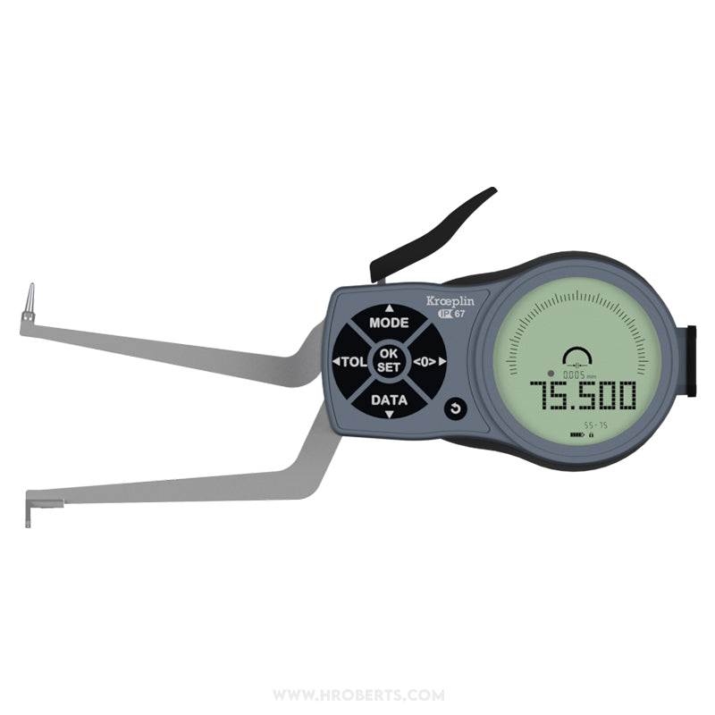 Kroeplin L255P3 Digital Internal Caliper Gauge, 3-Point Contact, Range 55-75mm, Resolution 0.001, 0.002, 0.005, 0.01, 0.02, 0.05mm, Measuring Depth 84mm, Measuring Contact Ball 1mm Diameter, IP67 Protection, Metric / Imperial Switchable