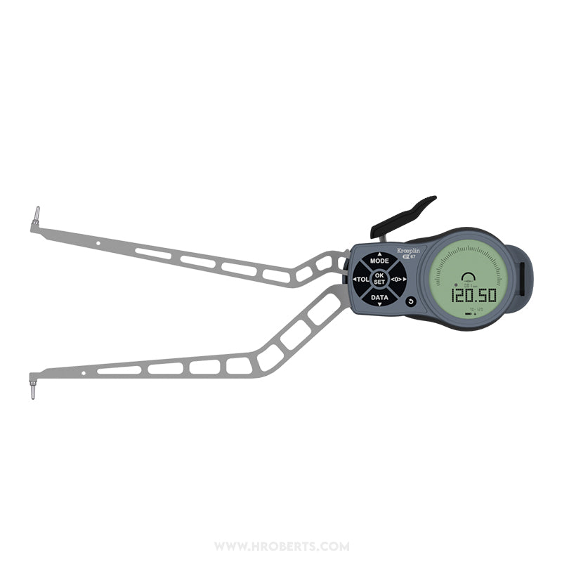 Kroeplin L470 Digital Internal Caliper Gauge, Range 70-120mm, Resolution 0.001, 0.002, 0.005, 0.01, 0.02, 0.05mm, Measuring Depth 192mm, Measuring Contact Ball 2mm Diameter, IP67 Protection, Metric / Imperial Switchable