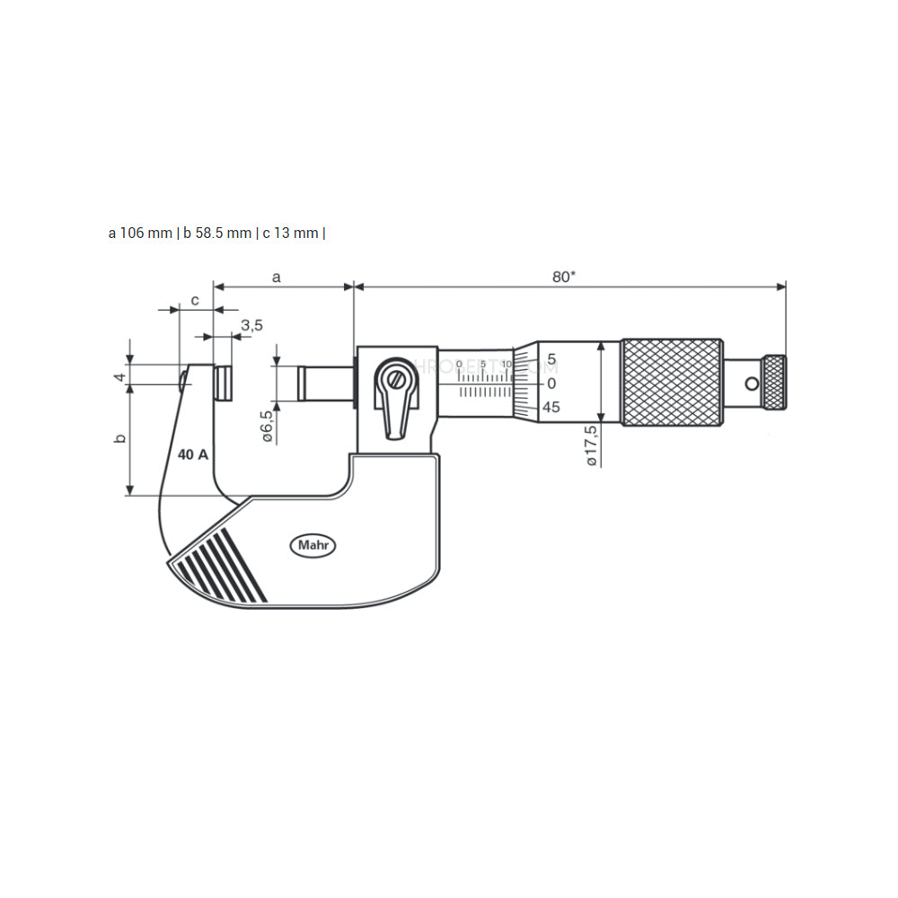 Mahr 4134903 Micromar 40 A Micrometer, Range 3-4", Graduation 0.0001"