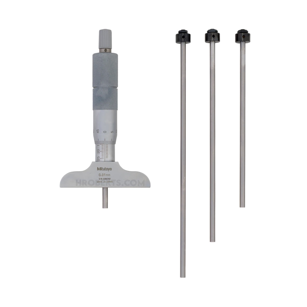 Mitutoyo 129-111 Interchangeable Rod Depth Micrometer, Range 0-100mm, Graduation 0.01mm, Base 63.5 x 16mm
