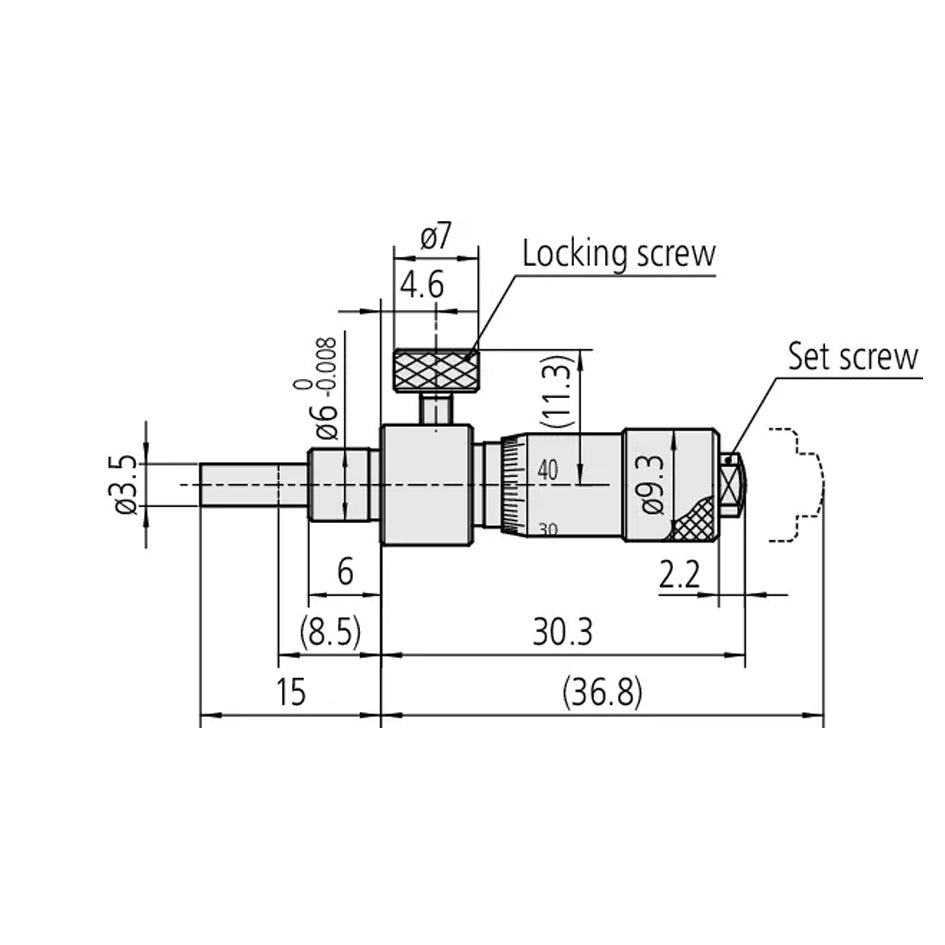 Mitutoyo 148-220 Locking Screw Micrometer Head, Range 0-6.5mm, Graduation 0.01mm