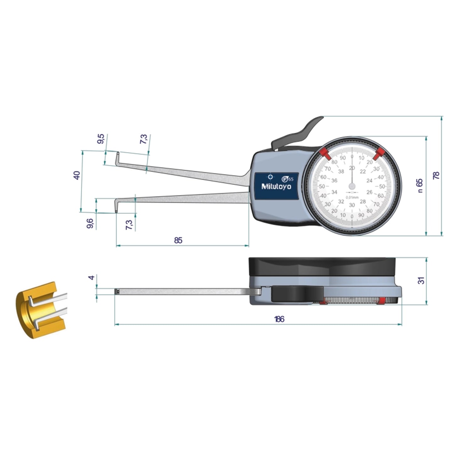 Mitutoyo 209-303 Inside Dial Caliper Gauge, Range 20-40mm, Graduation 0.01mm