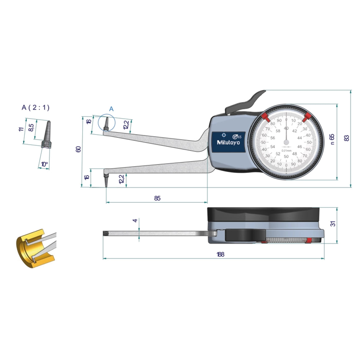 Mitutoyo 209-305 Inside Dial Caliper Gauge, Range 40-60mm, Graduation 0.01mm