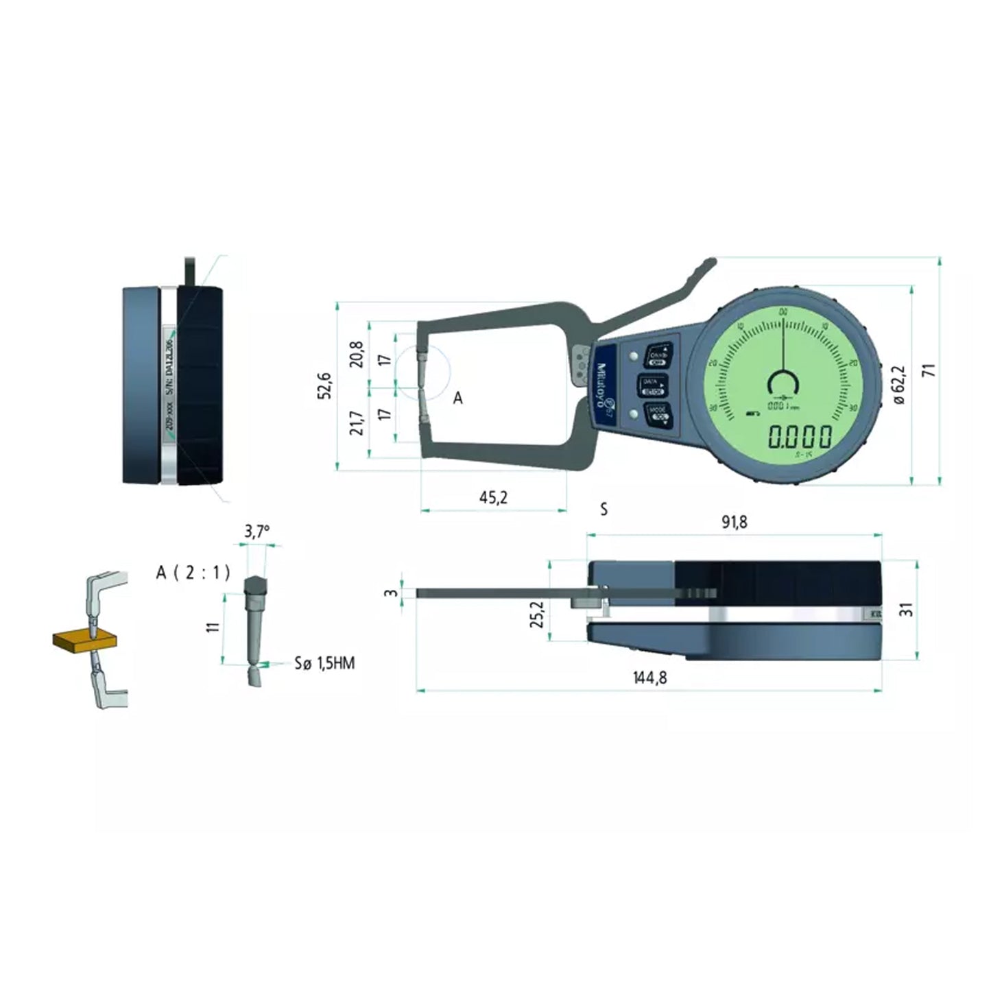 Mitutoyo 209-925 Digimatic Digital Outside Caliper Gauge, Range 0-15mm, Resolution 0.001mm, 0.002mm, 0.005mm, 0.01 mm