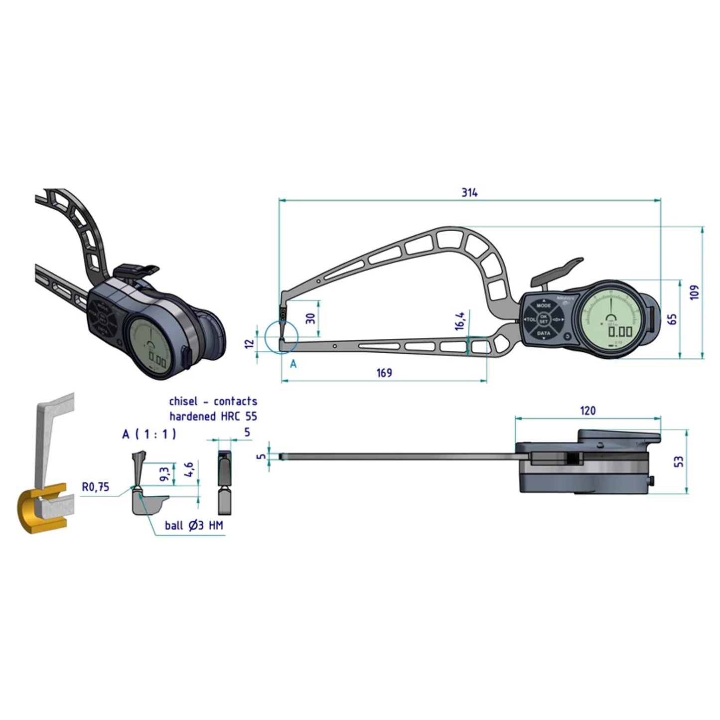 Mitutoyo 209-958 Digimatic Digital Outside Caliper Gauge, Range 0-50mm, Resolution 0.001mm, 0.002mm, 0.005mm,0.01mm, 0.02mm, 0.05mm